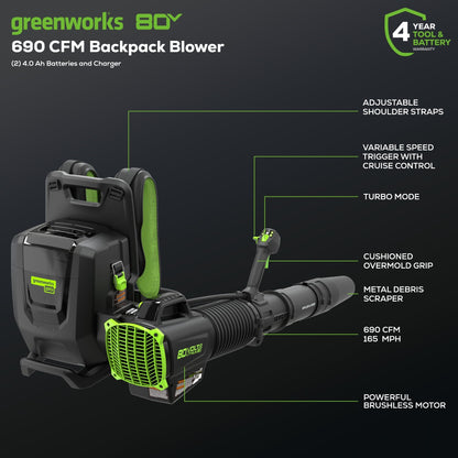Greenworks BLB492 Cordless Backpack Blower Kit 80V 4.0Ah